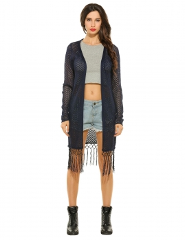 

Blue Long Sleeve Open Stitch Solid Tassel Hem Cardigan, Multicolor