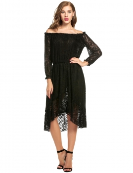 

Women Fashion Sexy Strapless Off the Shoulder Hollow Floral Lace Evening Party A-Line Dress, Multicolor