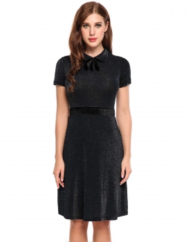 

Black Peter Pan Collar Bow Short Sleeve A-Line Party Dress, Multicolor