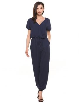 

Blue V-Neck Short Sleeve Solid Chiffon Drawstring Jumpsuit with Pockets, Multicolor