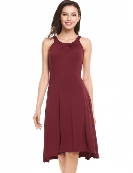 

Wine red O-Neck Sleeveless Solid Button Zipper Pleated Dress, Multicolor