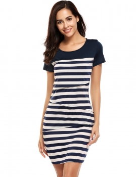 

Blue Stripes Short Sleeve O Neck Pencil Lactation Dress, Multicolor