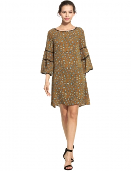 

Women Fashion O-Neck Flare 3"4 Sleeve Floral Straight Dress, Multicolor