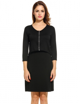 

Black Women's V-Neck 3"4 Sleeve Zip Front Fake 2 Pieces Bodycon Casual Dresses, Multicolor
