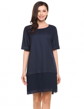 

Navy blue O-Neck Half Sleeve Patchwork Button Loose Casual Dress, Multicolor