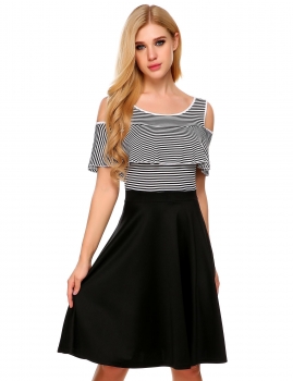 

Black O-Neck Short Sleeve Patchwork Striped A-Line Dress, Multicolor