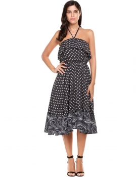 

Dark blue Sleeveless Patchwork Print Slash Neck Pullover Tunic Casual Dress, Multicolor