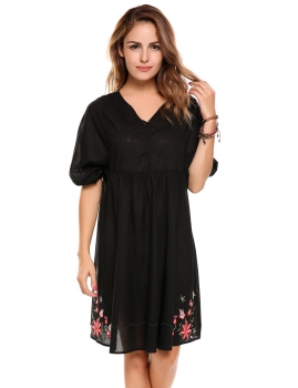 

Black 3"4 Sleeve Floral V Neck Embroidery Bohemian Dress, Multicolor