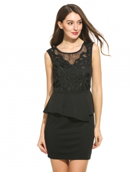 

Women Hollow Out Embroidered Pencil Peplum Backless Dress, Multicolor