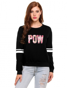 

Black O-Neck Long Sleeve Letter Print Pullover Sweatshirt, Multicolor