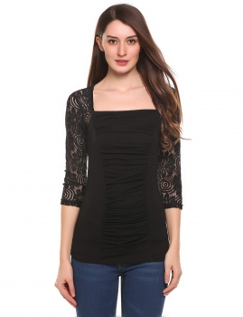 

Black Square Neck 3"4 Sleeve Ruched Front Slim Lace Tops, Multicolor