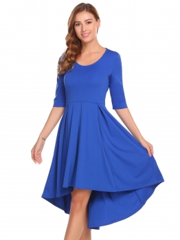 

Blue O-Neck Short Sleeve Asymmetrical Hem Dress, Multicolor