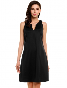 

Black V-Neck Sleeveless Solid A-Line Pleated Hem Elatic Work Dress, Multicolor