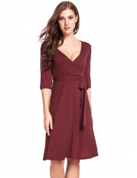 

Wine red Cross V-Neck Half Sleeve Solid Elastic Going Out Dress, Multicolor