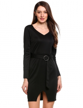 

Black Long Sleeve Solid Front Hem Split Elastic Dress, Multicolor