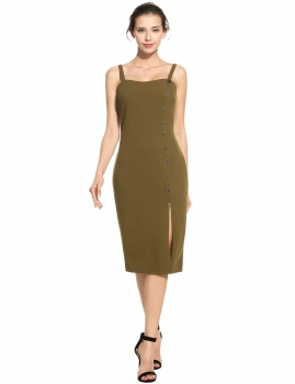 

Army green Elegant Dual Strap Front Button Side Slit Solid Pencil Dress, Multicolor