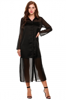 

Black Roll Up Sleeve Sheer Chiffon Split Casual Maxi Shirt Dress, Multicolor