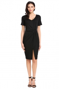 

V-Neck Short Sleeve Solid Front Ruffle Hem Split Slim Dress, Multicolor