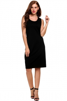 

Black Sleeveless Solid Lace Up Casual A-Line Tank Dress, Multicolor