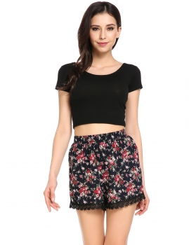 

Black High Waisted Print Lace Trim Beach Mini Shorts, Multicolor