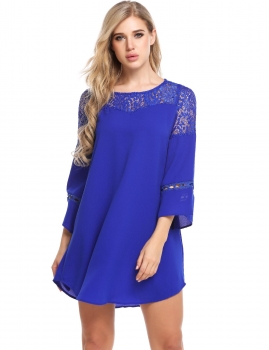 

Blue Flare Sleeve Lace Patchwork Chiffon Hollow Out Dress, Multicolor