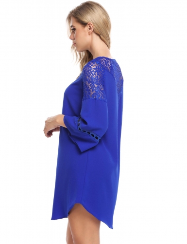 blue flare sleeve lace patchwork chiffon hollow out dress