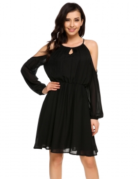 

Black Lantern Sleeve Cold Shoulder Split Back Solid Dress, Multicolor