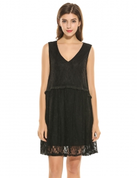 

Black New Women Fashion V-Neck Sleeveless Lace Crochet Straight Short Dress, Multicolor