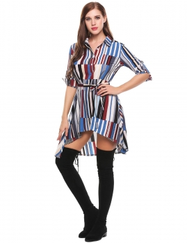 

Blue Long Sleeve Half Placket Geometric Asymmetrical A-Line Shirt Dress, Multicolor