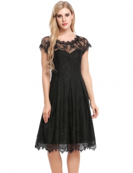 

Black Floral Lace Hollow Out A-Line Pleated Hem Dress, Multicolor