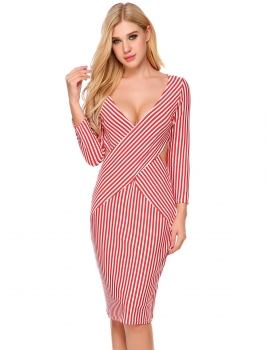 

Red white 3"4 Sleeve Striped Cross Front Pencil Dress, Multicolor