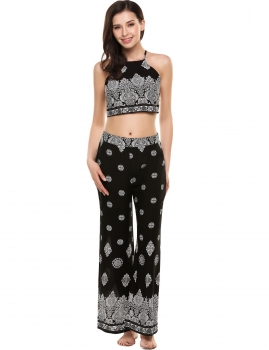 

Black Backless Printed Sleeveless Crop Top and Pants Suit, Multicolor