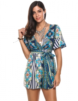 

Blue V-Neck Flare Sleeve Belted Floral Print Romper, Multicolor