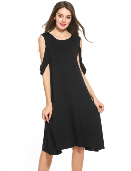 

Black New Women O-Neck Ruffle Short Sleeve Cold Shoulder Solid Button Dress, Multicolor