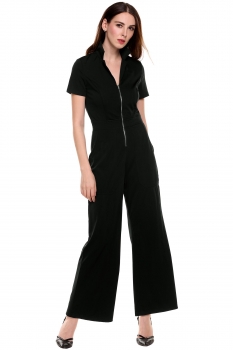 

Black V-Neck Short Sleeve Solid Zip Slim Wide Leg Jumpsuit, Multicolor