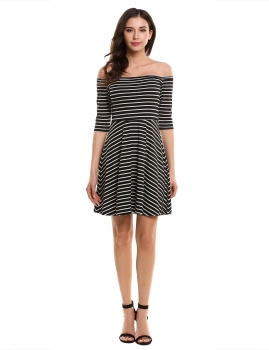

White Women's Off the Shoulder 3"4 Sleeve Striped Casual Pleated Dress, Multicolor