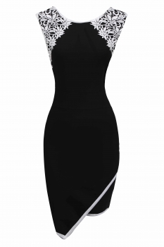 

Black Sleeveless Applique Bodycon Irregular Hem Dress, Multicolor