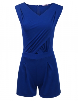 

Blue Sleeveless Bodysuit Pleated Tunic Corss Front Solid Slim Rompers, Multicolor