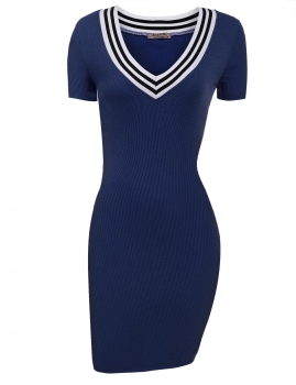 

Blue Short Sleeve Rib Fabric V Neck Pencil Knit Going Out Dress, Multicolor