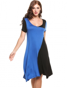 

Black Asymmetrical Pleated Hem Pullover Elastic Short Sleeve Patchwork Dress, Multicolor