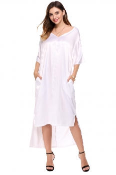 

White V-Neck Half Sleeve Long Maxi Loose Asymmetry Hem Casual Dress, Multicolor