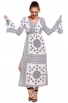 

Blue Lace Up V-Neck Flare Long Sleeve Print Split Maxi Dress, Multicolor