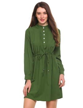 

Army green Stand Collar Waist Adjustable Drawstring Tunic Front Pleated Dress, Multicolor