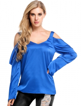 

Blue Cold Shoulder Long Sleeve V Neck Solid Loose Satin Tops, Multicolor