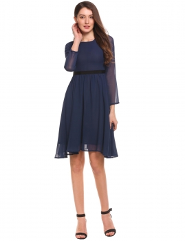 

Navy blue Long Sleeve High Waist Elegant A-Line Chiffon Dress, Multicolor
