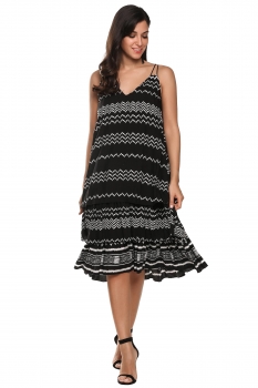 

Black Women Casual V-Neck Double Spaghetti Strap Multi Layers Loose Dress, Multicolor