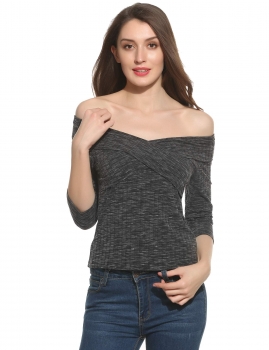 

Black Slash Neck Off the Shoulder 3"4 Sleeve Slim Casual Tops, Multicolor