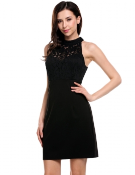 

Black Stand Collar Sleeveless Lace Patchwork Hollow Out Elastic Slim Package Hip Dress, Multicolor