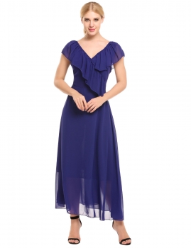 

Blue Solid V-Neck Ruffles Sleeveless Chiffon Party Maxi Dress, Multicolor