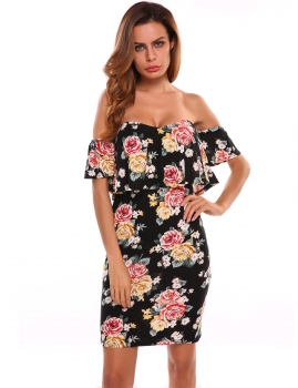 

Black Ruffles Off Shoulder Short Sleeve Floral Print Dress, Multicolor